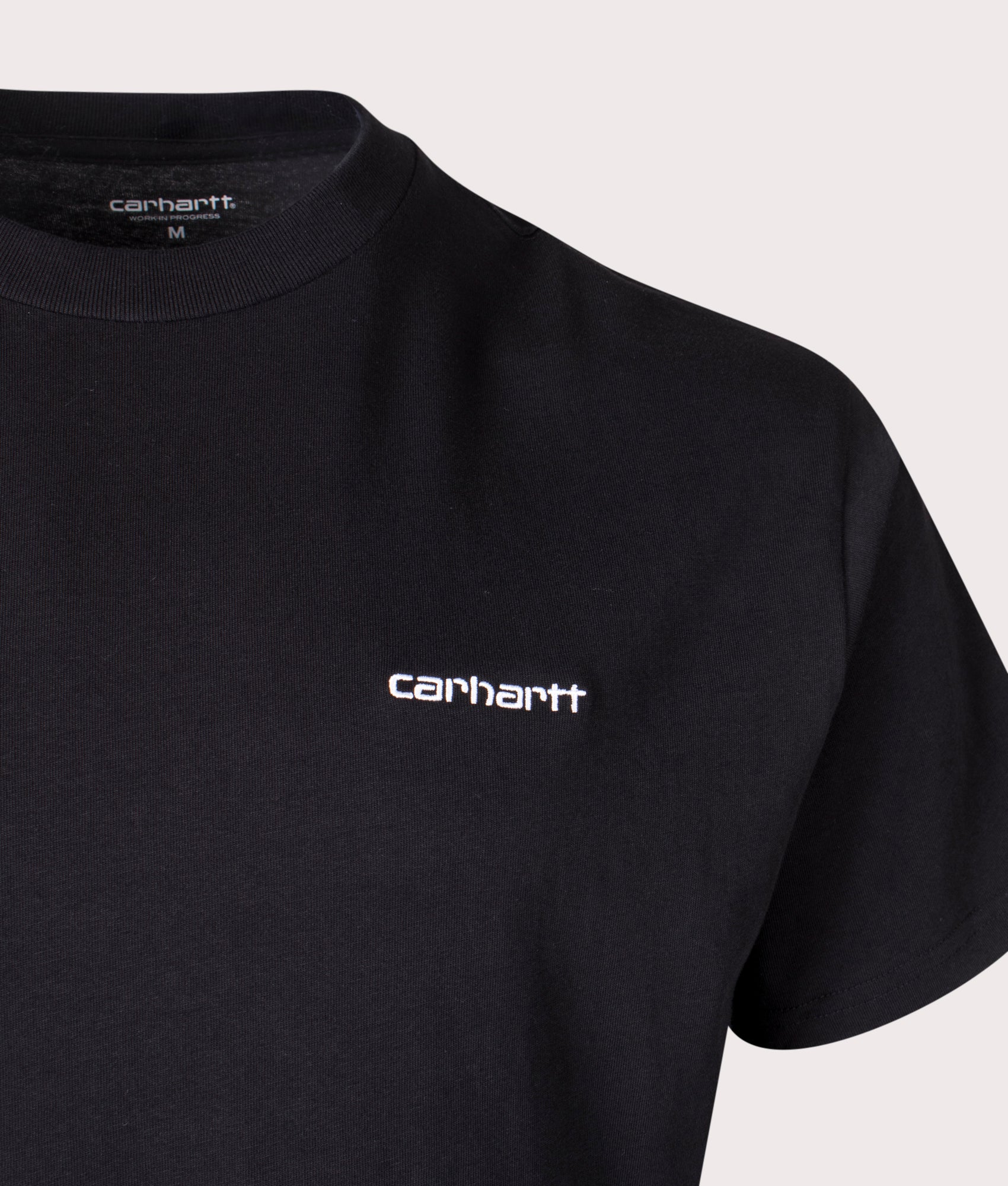 Carhartt WIP Loose Fit Script Embroidery T-Shirt in Black at EQVVS Menswear. Detail shot.