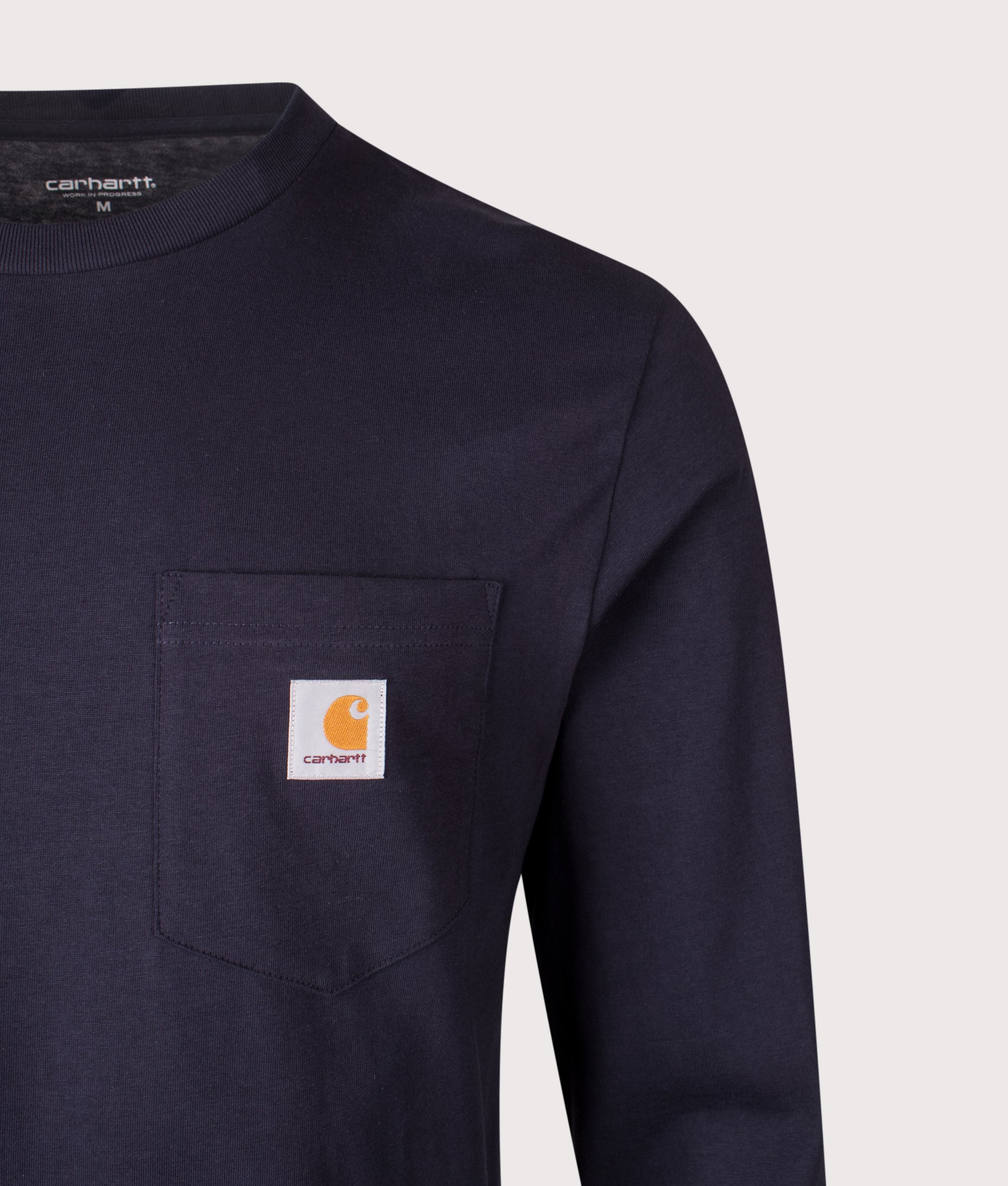 Pocket Long Sleeve T-Shirt in Dark Navy | 100% Cotton | Carhartt WIP | EQVVS | Front detail shot 
