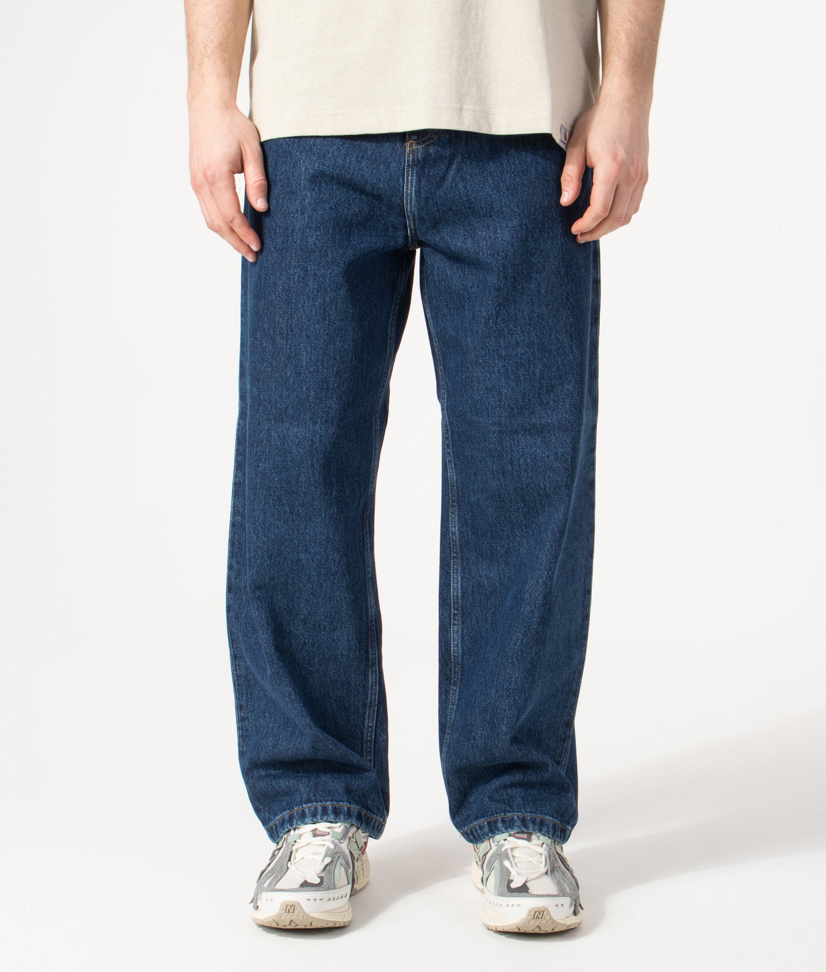 Carhartt WIP Brandon Jeans in Blue Stone Washed at EQVVS Menswear. Model front shot.