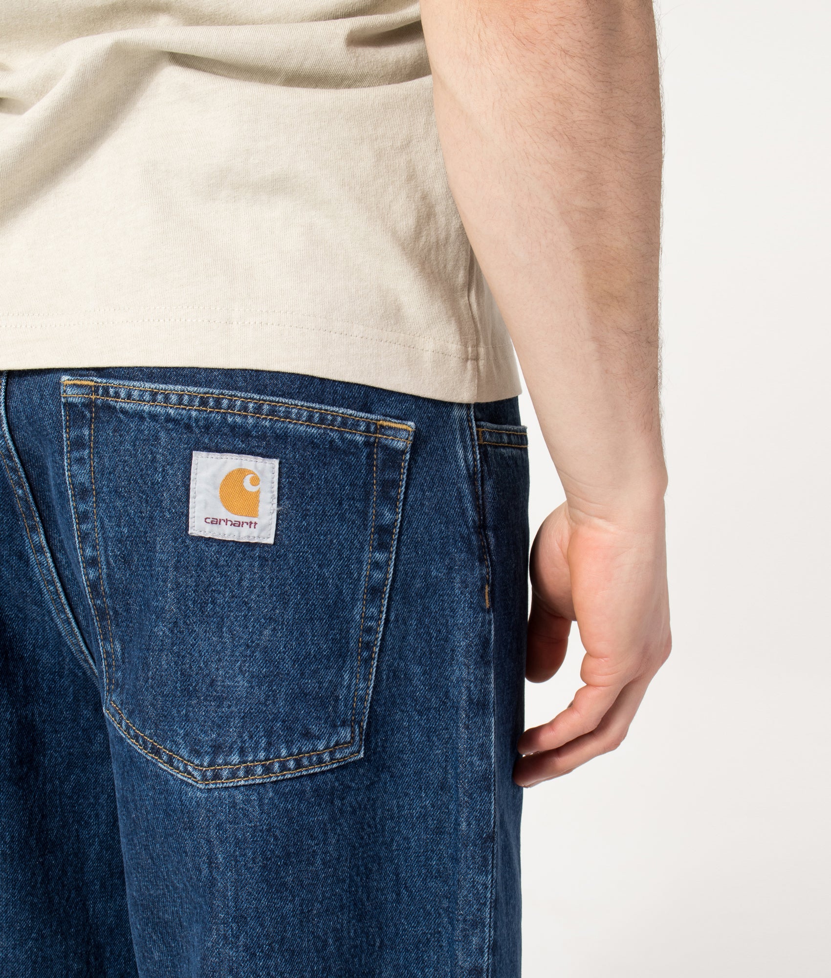 Carhartt WIP Brandon Jeans in Blue Stone Washed at EQVVS Menswear. Detail shot.