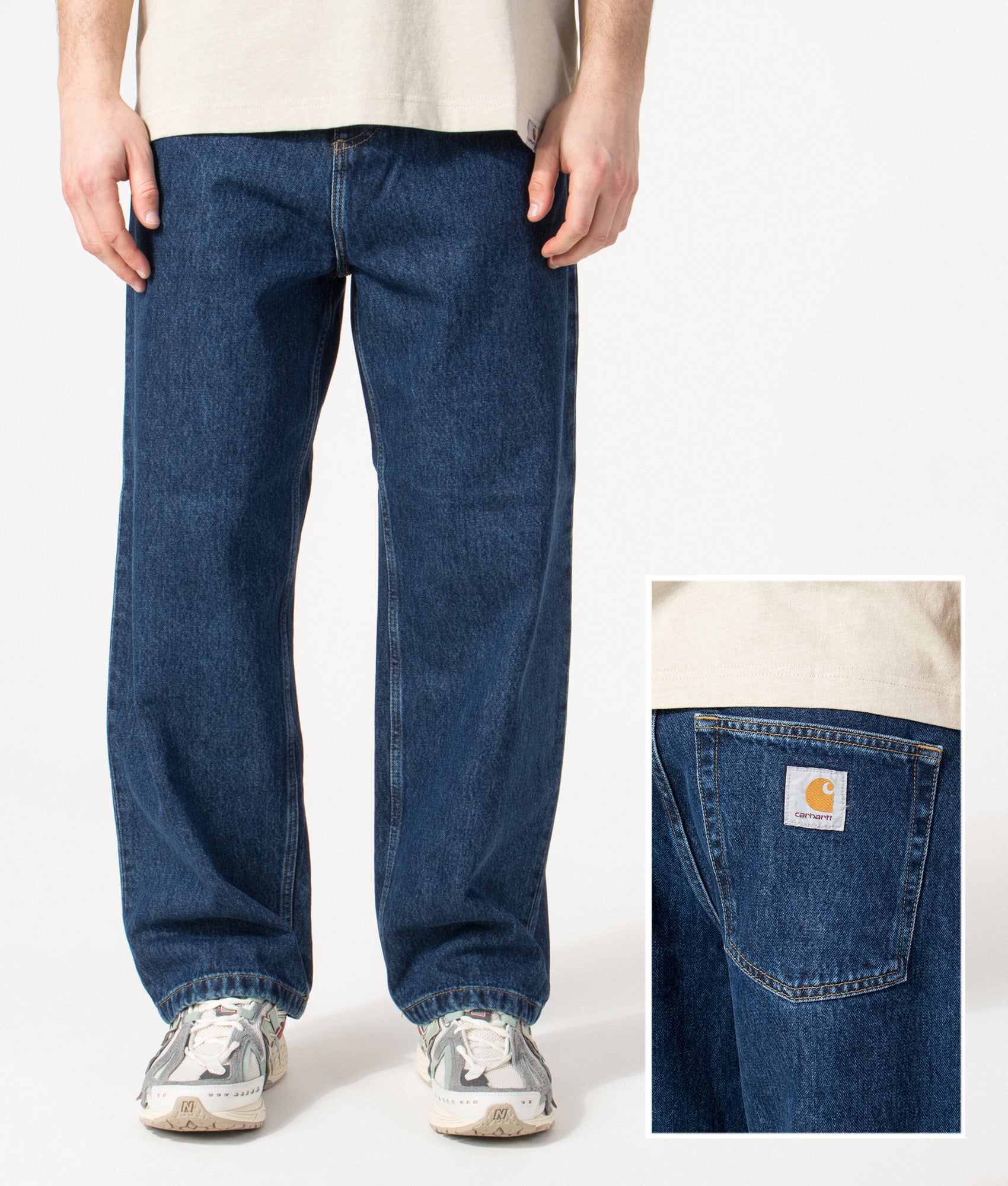 Carhartt WIP Brandon Jeans in Blue Stone Washed at EQVVS Menswear. Front and back detail shot.