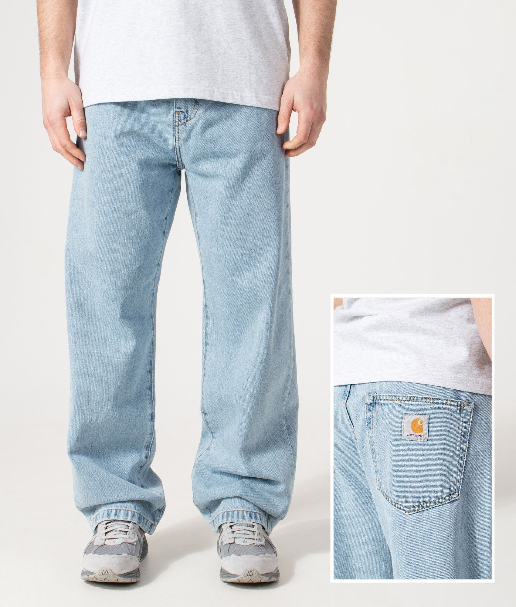 Carhartt WIP Landon Jeans in blue at EQVVS Menswear. Front and back detail shot.
