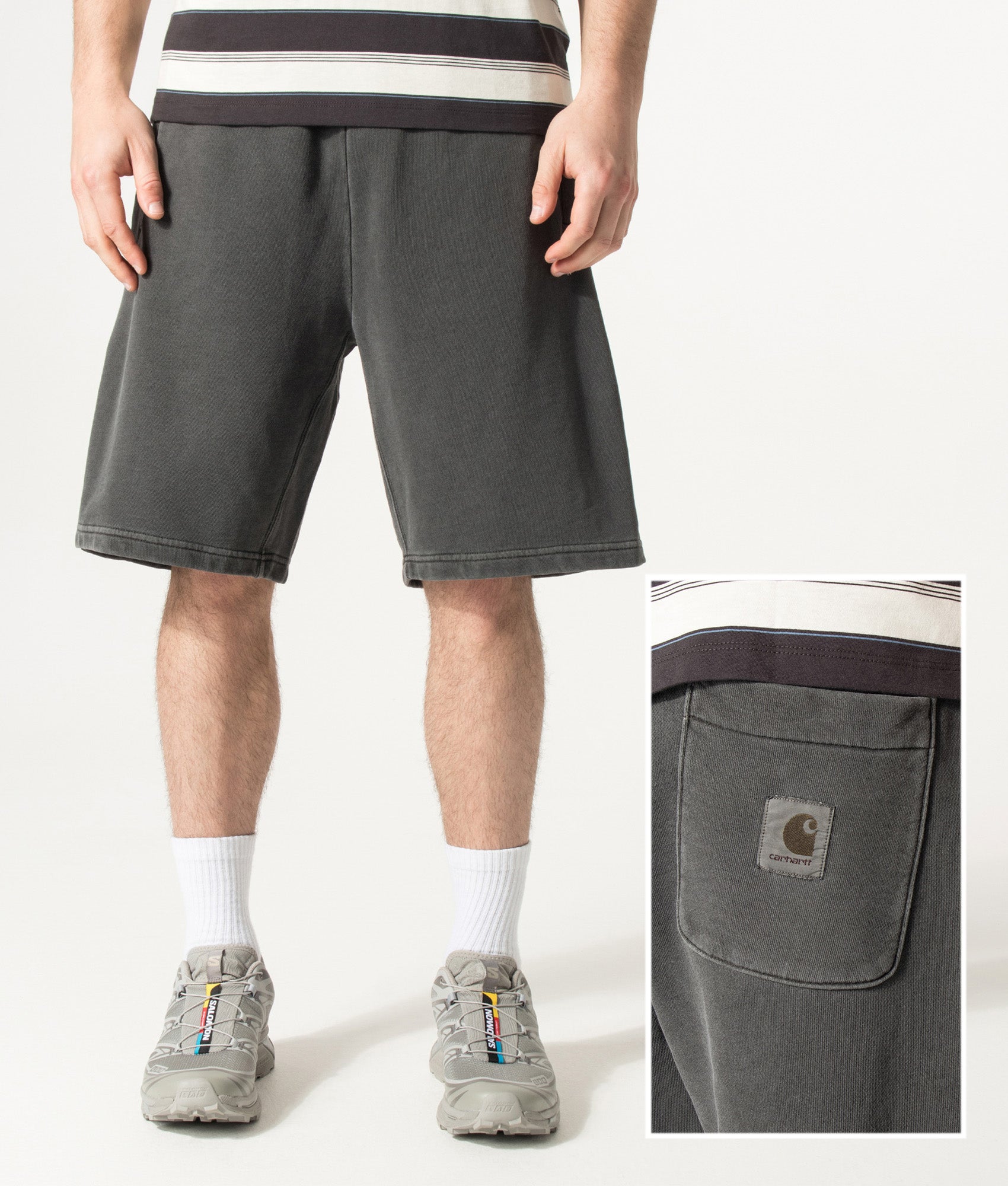 Carhartt WIP Balloon Fit Nelson Sweat Shorts in Black at EQVVS Menswear. Front and back shot.