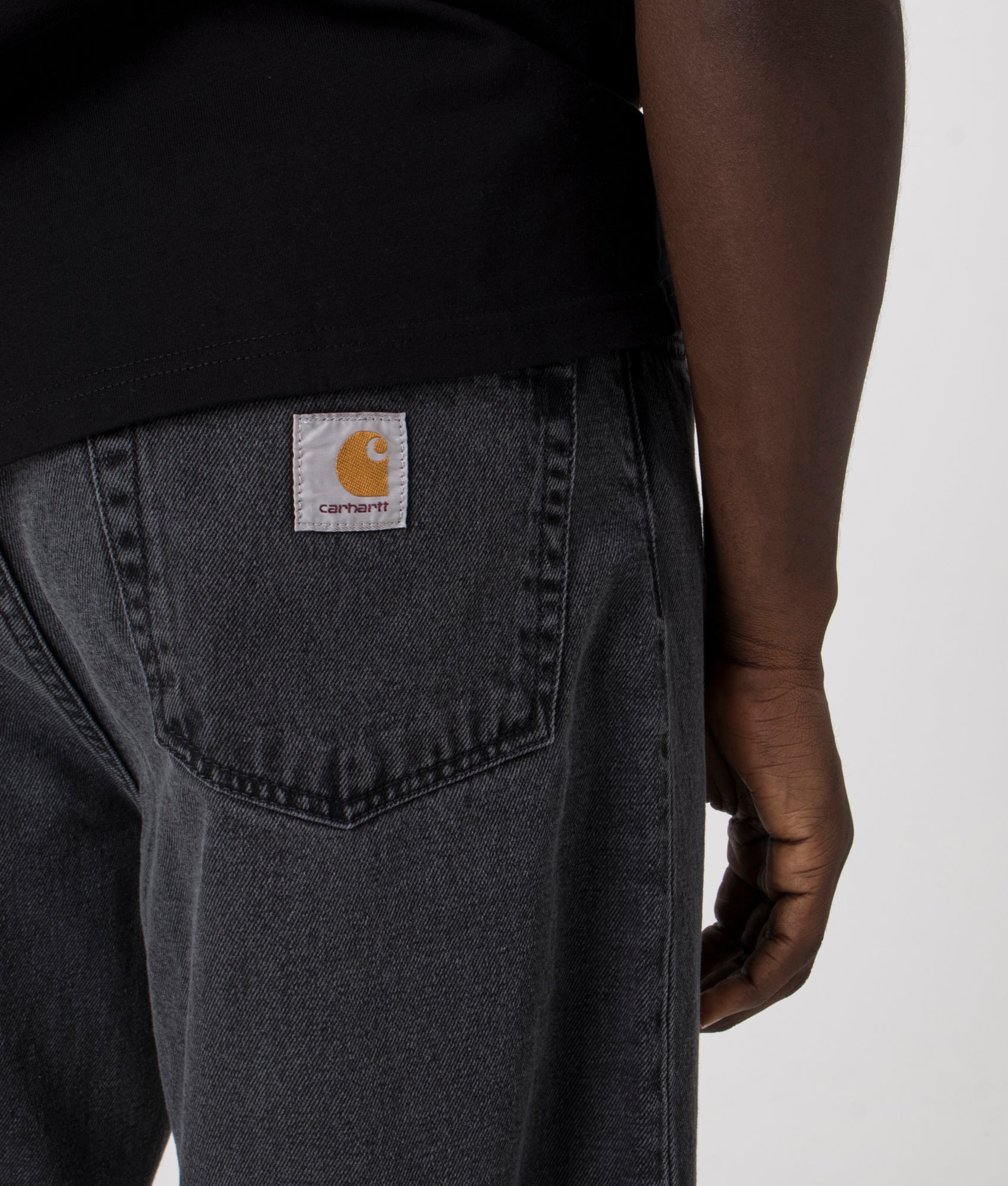 Carahrtt WIP Landon Jeans in Black. Shot at EQVVS. Detail shot. 