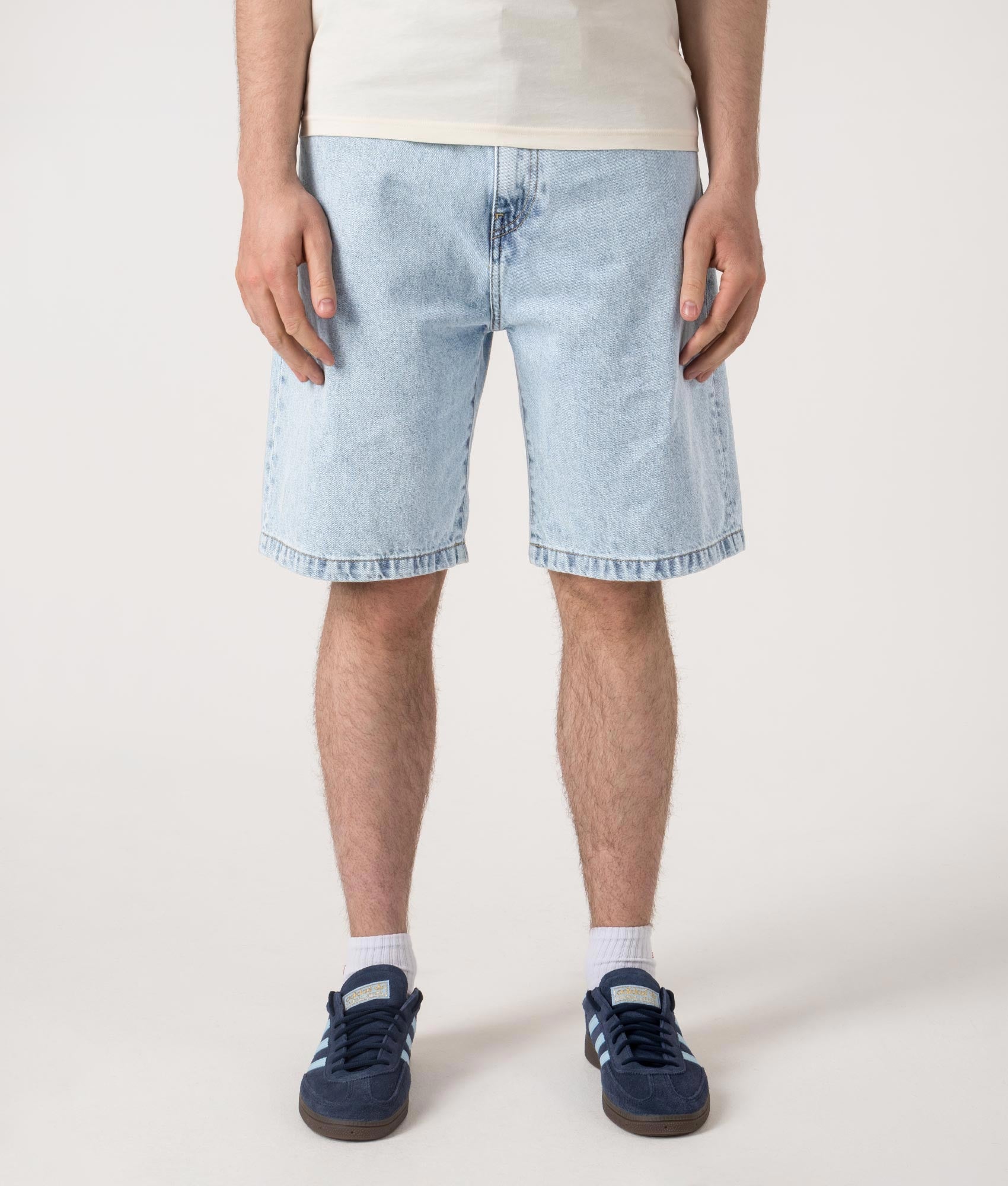 Relaxed Fit Landon Denim Shorts in Blue by Carhartt WIP. Shot by EQVVS. Front shot.