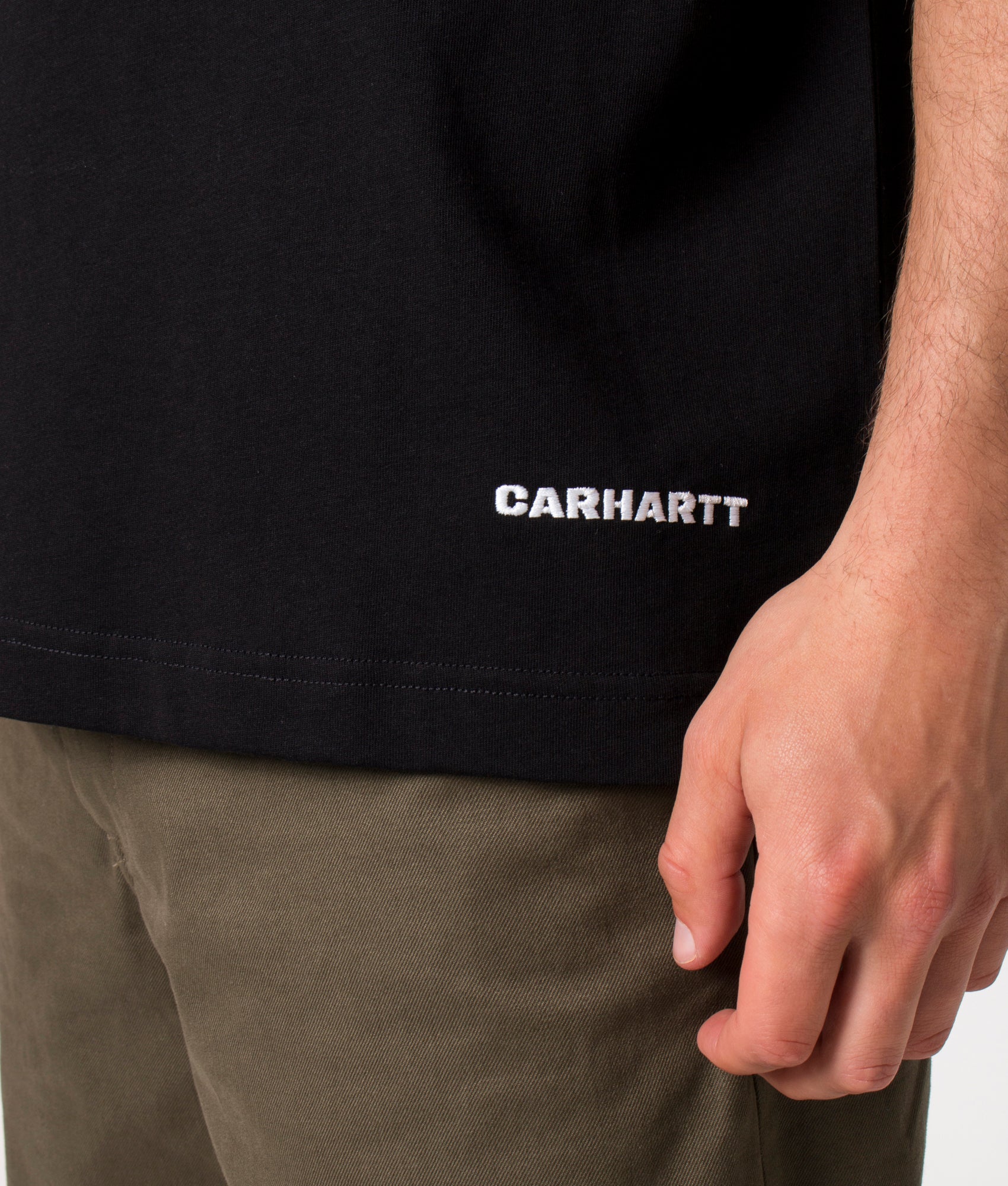 Carhartt WIP Relaxed Fit Link Script T-Shirt in Black and White at EQVVS Menswear. Detail shot. 