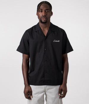Carhartt WIP Short Sleeve Delray Shirt in Black with Wax Shade Branding on the Chest. Front Model Shot at EQVVS.