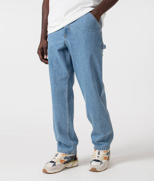 Relaxed Fit Single Knee Pants in Blue by Carhartt WIP. EQVVS Side Angle Shot.
