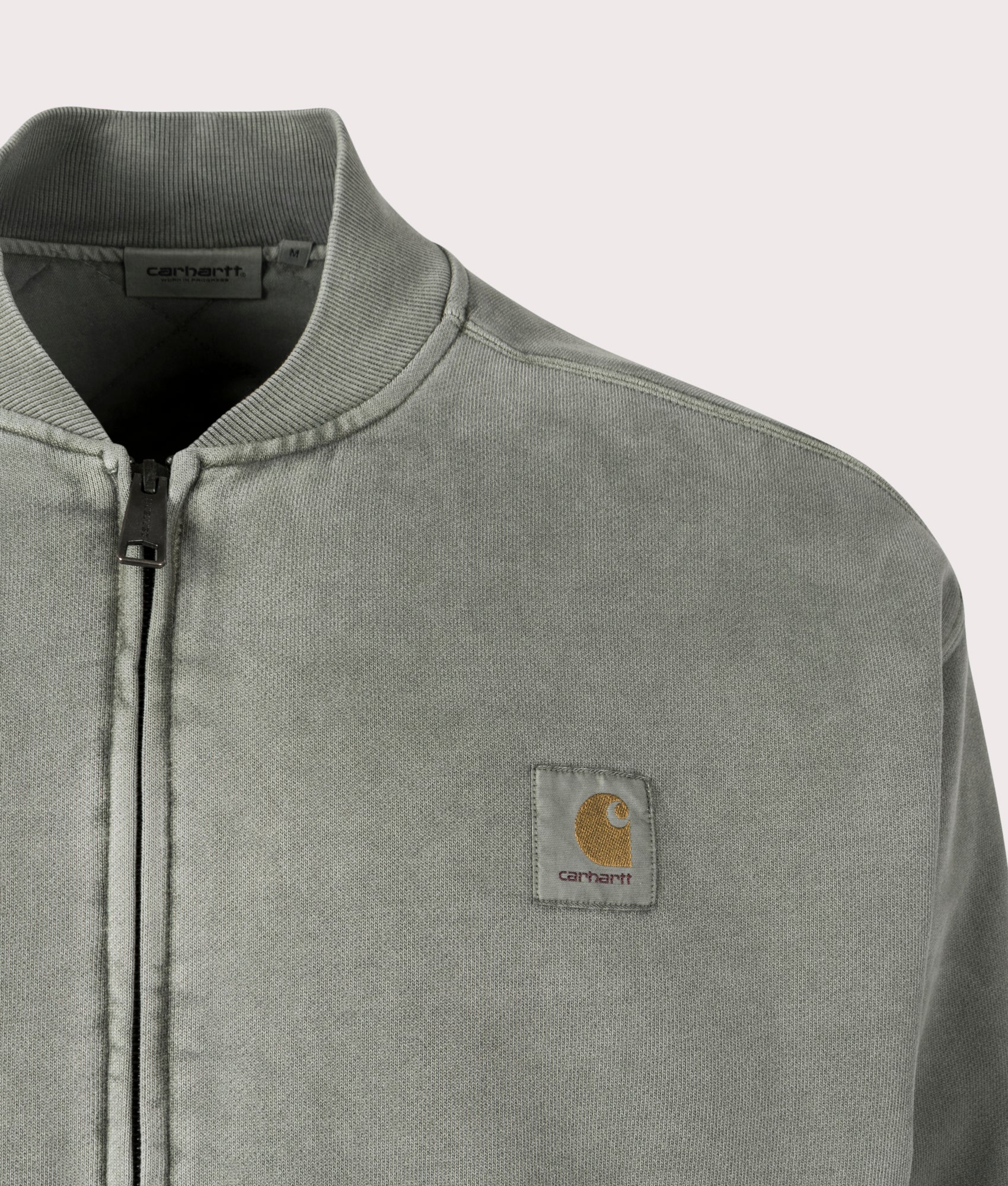 Carhartt WIP Vista Bomber Sweatshirt in Smoke Green, 100% Cotton Detail Shot at EQVVS