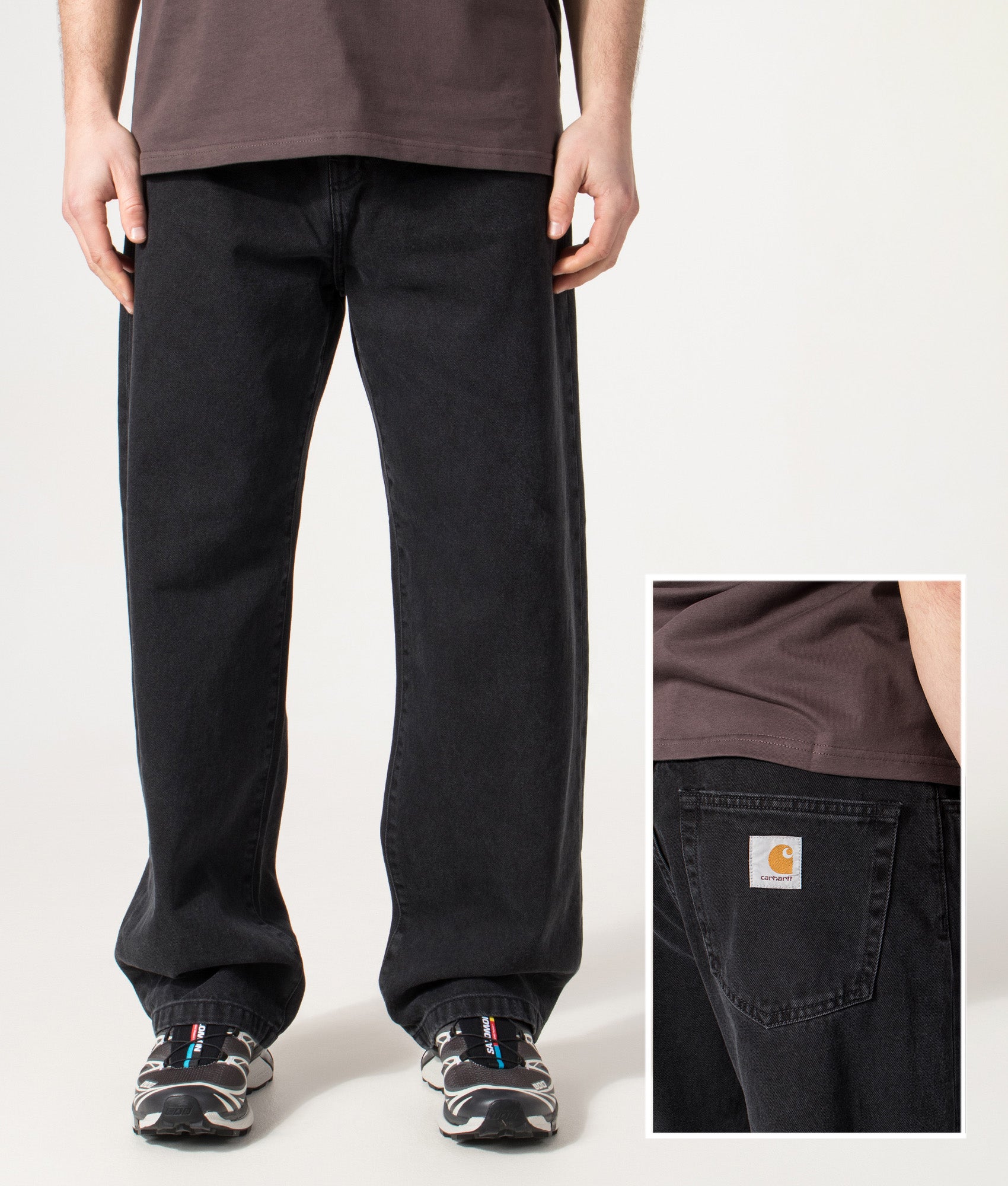 Carhartt WIP Landon Jeans in Black Stone Washed at EQVVS Menswear. Front and back detail shot.