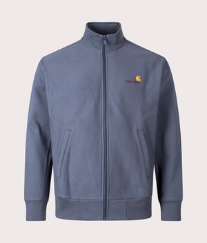 Carhartt WIP Relaxed Fit American Script Zip Through Sweatshirt in Ore Blue, 80% Cotton Front Shot at EQVVS