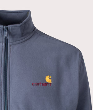 Carhartt WIP Relaxed Fit American Script Zip Through Sweatshirt in Ore Blue, 80% Cotton Detail Shot at EQVVS