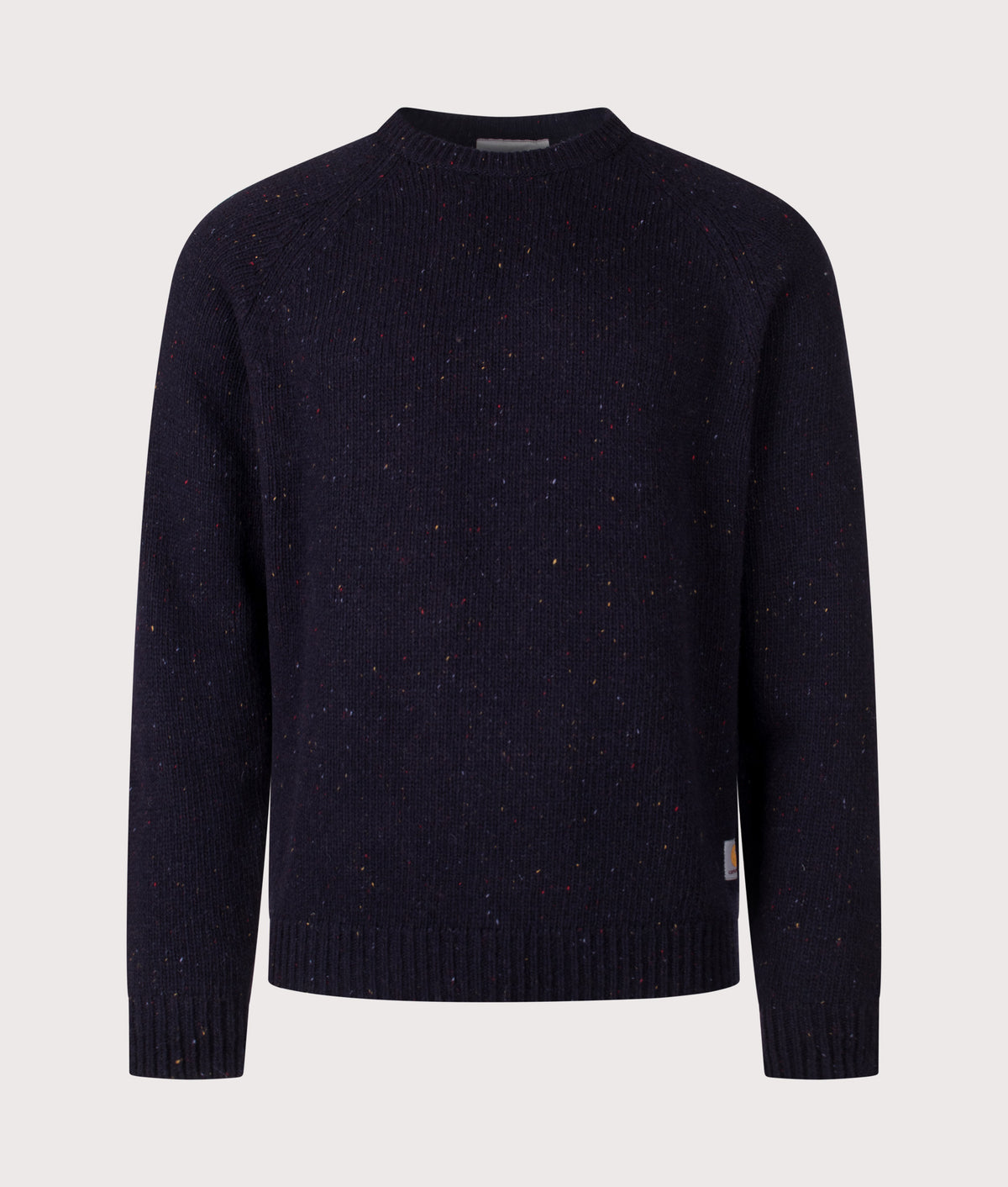 Carhartt WIP Regular Fit Anglistic Jumper in Speckled Dark Navy at EQVVS Menswear. Front shot.