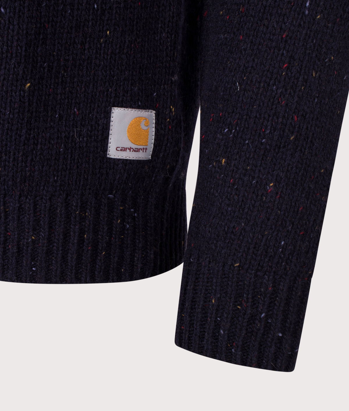 Carhartt WIP Regular Fit Anglistic Jumper in Speckled Dark Navy at EQVVS Menswear. Detail shot.