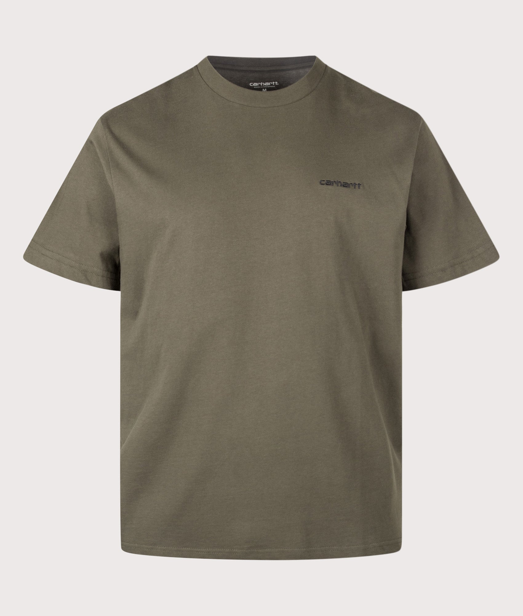 Carhartt WIP Loose Fit Script Embroidery T-Shirt in Cypress and Black at EQVVS Menswear. Front shot.