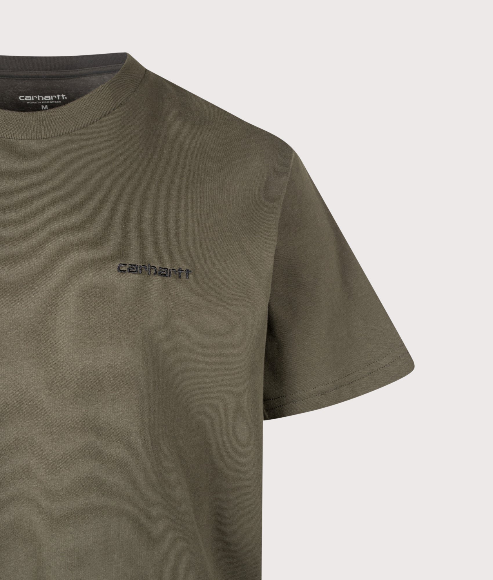 Carhartt WIP Loose Fit Script Embroidery T-Shirt in Cypress and Black at EQVVS Menswear. Detail shot.