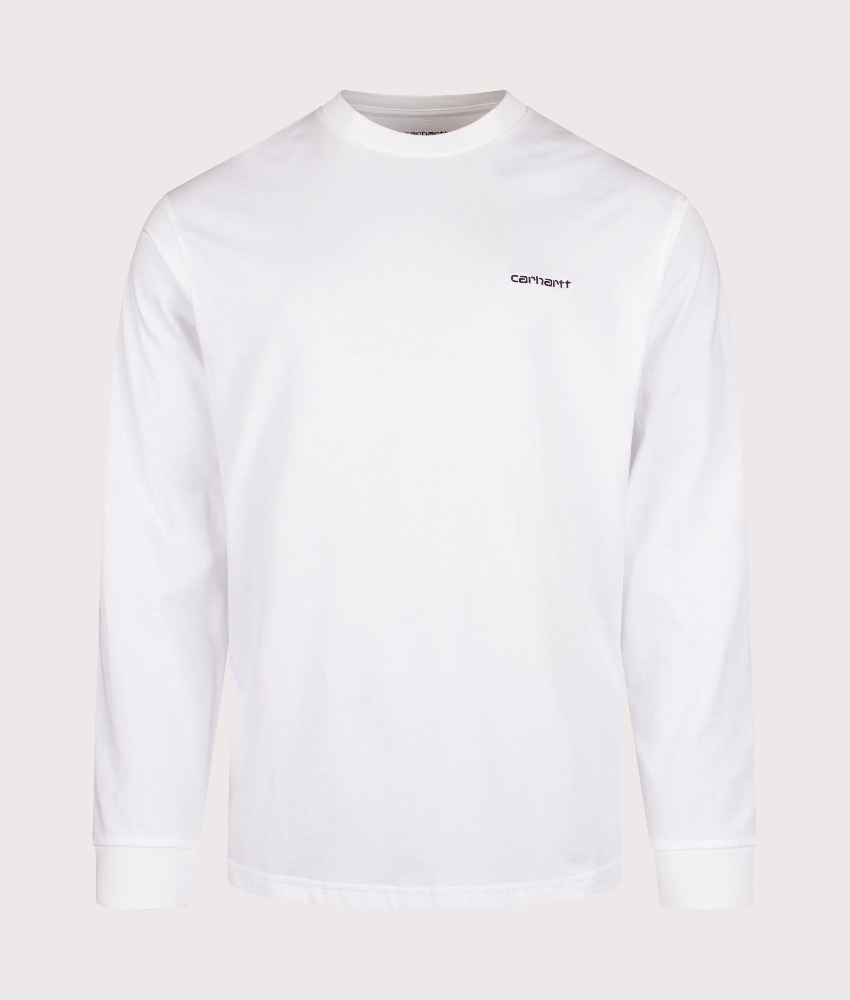 Relaxed Fit Script Embroidery Long Sleeve T-Shirt in White | 100% Cotton | Carhartt WIP | EQVVS | Front shot 
