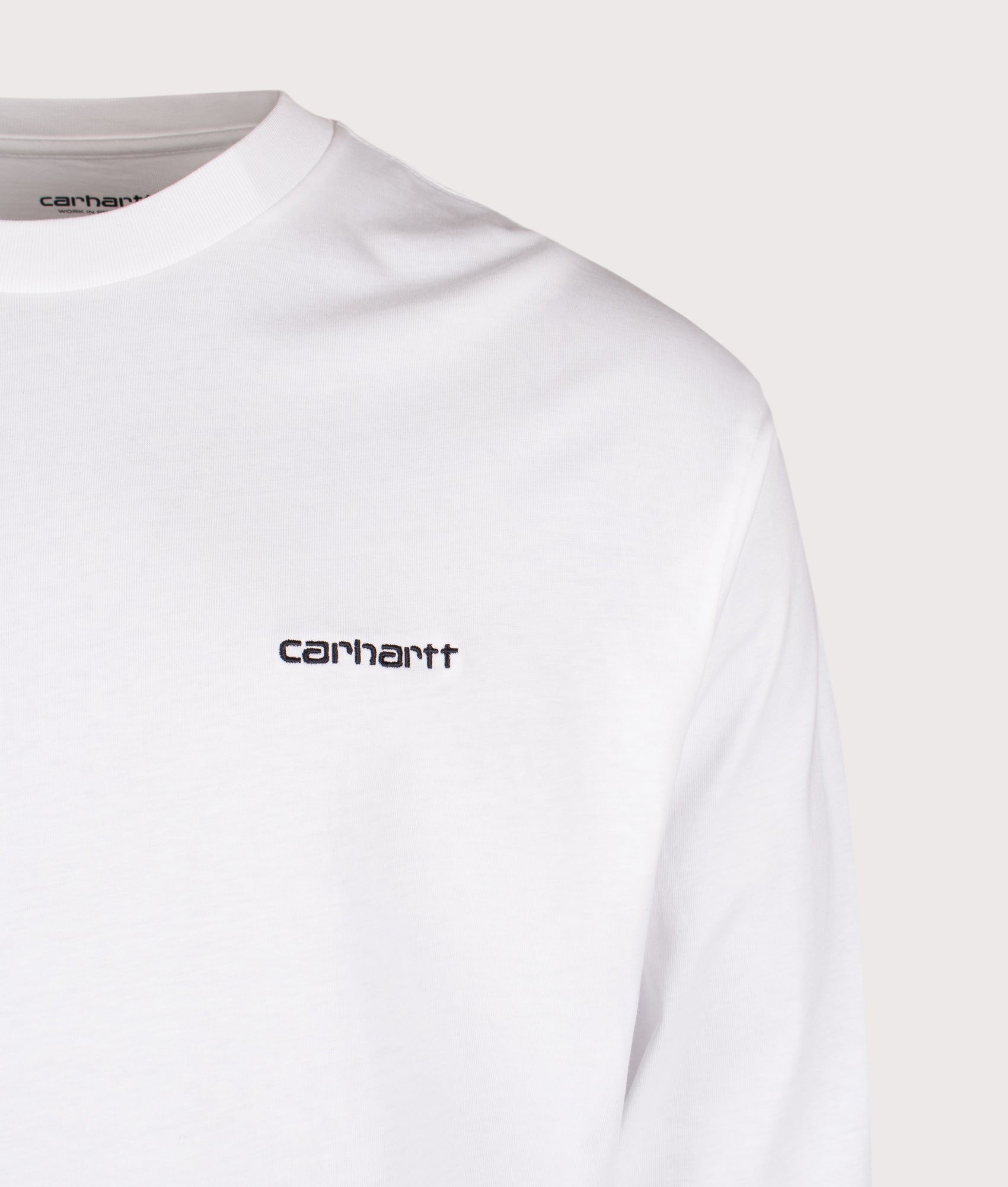 Relaxed Fit Script Embroidery Long Sleeve T-Shirt in White | 100% Cotton | Carhartt WIP | EQVVS | Front detail shot 