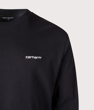Relaxed Fit Script Embroidery Long Sleeve T-Shirt in Black/White | 100% Cotton | Carhartt WIP | EQVVS | Front detail shot 