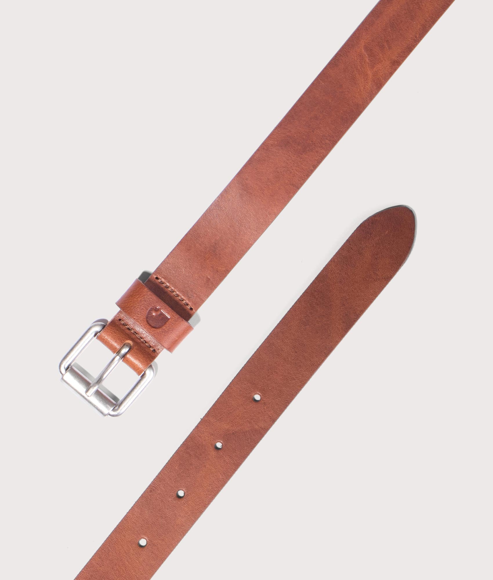 Carhartt WIP Ryan Belt in Cognac and Silver at EQVVS Menswear. Open shot.