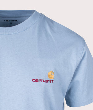 Carhartt WIP Relaxed Fit American Script T-Shirt in Frosted Blue Detail Shot EQVVS