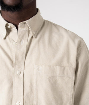 Carhartt WIP Short Sleeve Braxton Shirt in Agate Beige with Wax Branding, 100 % Cotton. Detail Model Shot at EQVVS 