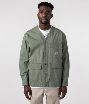 Carhartt WIP Elroy Overshirt in Park Green, 100% Cotton front buttoned Model Shot at EQVVS