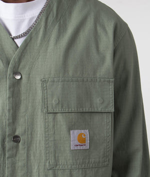 Carhartt WIP Elroy Overshirt in Park Green, 100% Cotton Pockets Model Shot at EQVVS