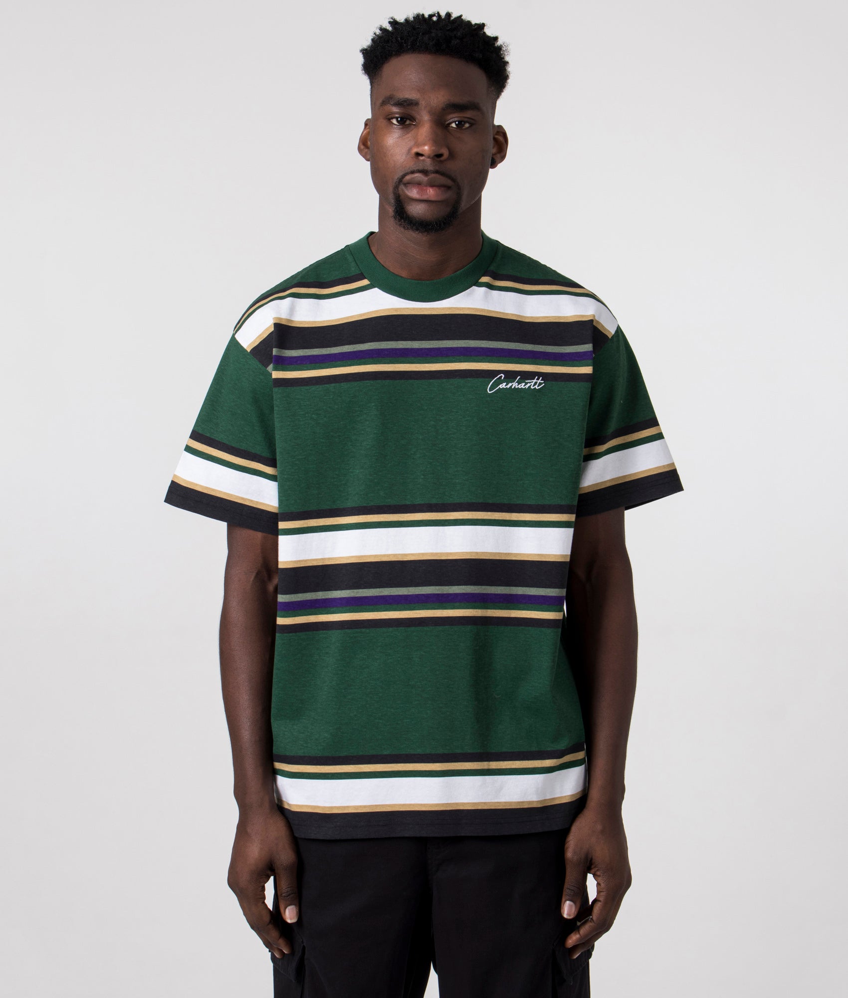 Carhartt WIP Relaxed Fit Morcom T-Shirt with Morcom Stripe and Chervil - Green, Yellow and Purple - 100% Cotton, Model Front Shot at EQVVS