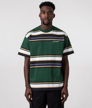Carhartt WIP Relaxed Fit Morcom T-Shirt with Morcom Stripe and Chervil - Green, Yellow and Purple - 100% Cotton, Model Front Shot at EQVVS