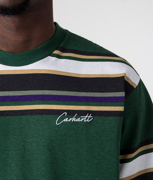 Carhartt WIP Relaxed Fit Morcom T-Shirt with Morcom Stripe and Chervil - Green, Yellow and Purple - 100% Cotton, Model Detail Shot at EQVVS