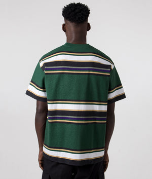 Carhartt WIP Relaxed Fit Morcom T-Shirt with Morcom Stripe and Chervil - Green, Yellow and Purple - 100% Cotton, Model Back Shot at EQVVS
