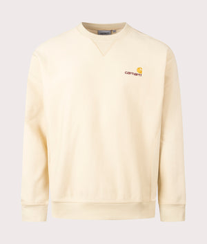 Carhartt WIP Relaxed Fit American Script Sweatshirt in Rattan Yellow Front Shot at EQVVS