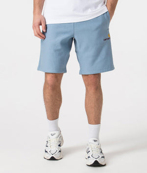 Carhartt WIP Relaxed Fit American Script Sweat Shorts in Frosted Blue Front Shot at EQVVS