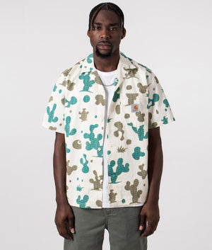 Carhartt WIP Short Sleeve Opus Shirt in Opus Print -Khaki and Teal-and Wax, 100% Cotton. Front Open Model Shot at EQVVS