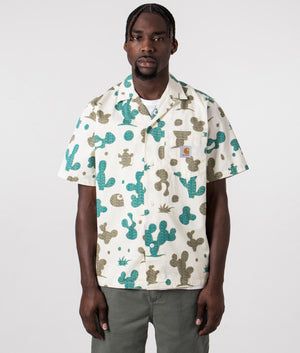 Carhartt WIP Short Sleeve Opus Shirt in Opus Print -Khaki and Teal-and Wax, 100% Cotton. Front Model Shot at EQVVS