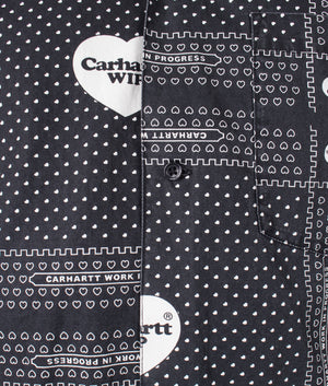 Carhartt WIP Short Sleeve Heart Bandana Shirt Printed in Black and White, Resort Shirt, 100% Cotton Detail Shot at EQVVS