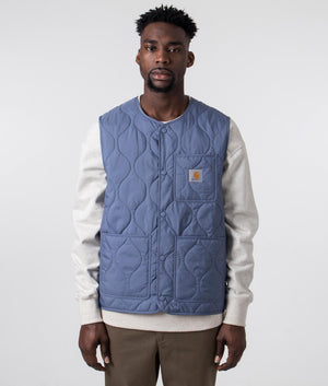 Carhartt WIP Quilted Skyton Vest in Bay Blue, 100% Recycled Polyester Front Shot on Model at EQVVS