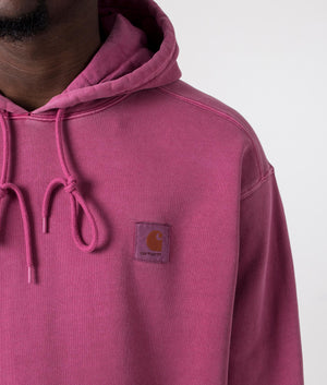 Carhartt WIP Oversized Nelson Hoodie in Magenta, 100% Cotton. Detail Model Shot at EQVVS