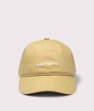 Carhartt WIP Canvas Script Cap in 22WXX Agate/White front shot at EQVVS