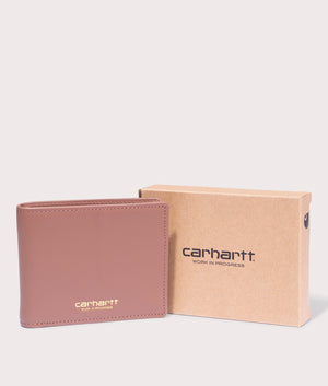 Carhartt WIP Vegas Billfold Wallet in 20IXX Cognac/Gold box and wallet front shot at EQVVS