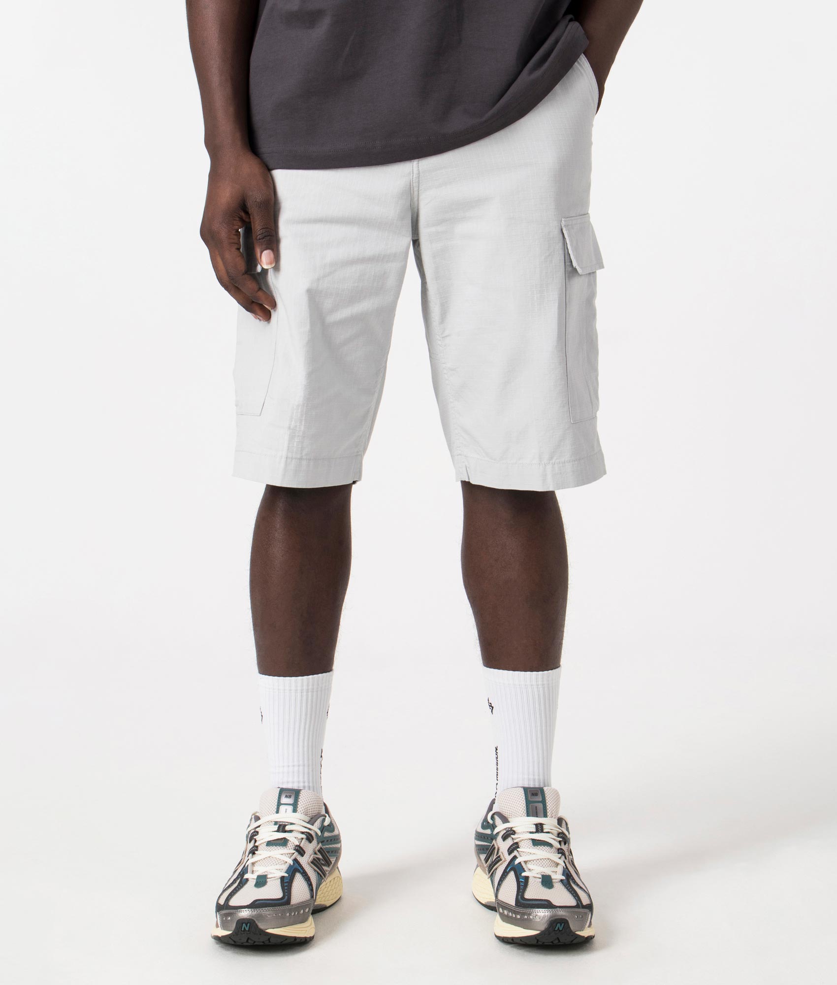 Carhartt WIP Regular Cargo Shorts in Sonic Silver, 100% Cotton Front shot at EQVVS