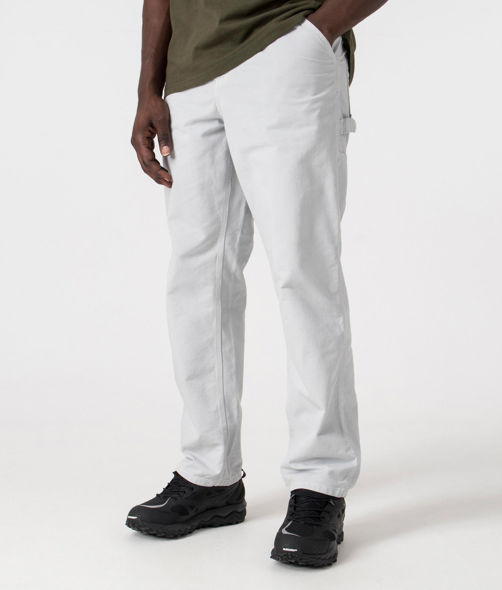 Relaxed Fit Single Knee Pants in Sonic Silver by Carhartt WIP. EQVVS Side Angle Shot.