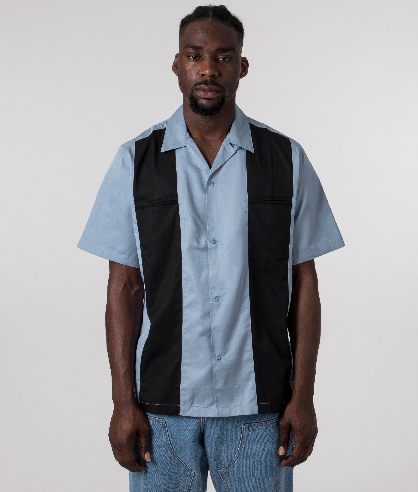 Relaxed Fit Short Sleeve Durango Shirt in Frosted Blue by Carhartt WIP. EQVVS Front Angle Shot.