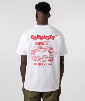 Carhartt WIP Relaxed Fit Fast Food T-Shirt in White with Red Back Print, 100% Organic Cotton Back Model Shot at EQVVS