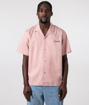 Carhartt WIP Short Sleeve Delray Shirt in Glassy Pink with Black Branding. Front Shot at EQVVS