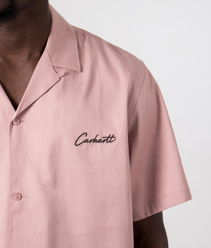 Carhartt WIP Short Sleeve Delray Shirt in Glassy Pink with Black Branding. Detail Shot at EQVVS