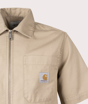 Carhartt WIP Short Sleeve Sandler Zip Through Shirt in Sable, Detail Shot at EQVVS
