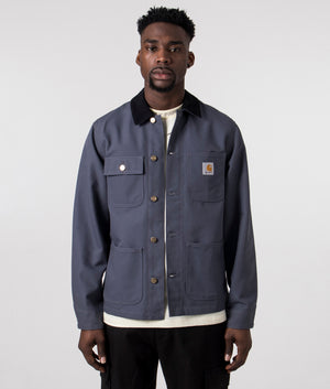 Carhartt WIP Michigan Coat in Zeus Blue and Black Rigid, 100% Organic Cotton Model Front Shot at EQVVS