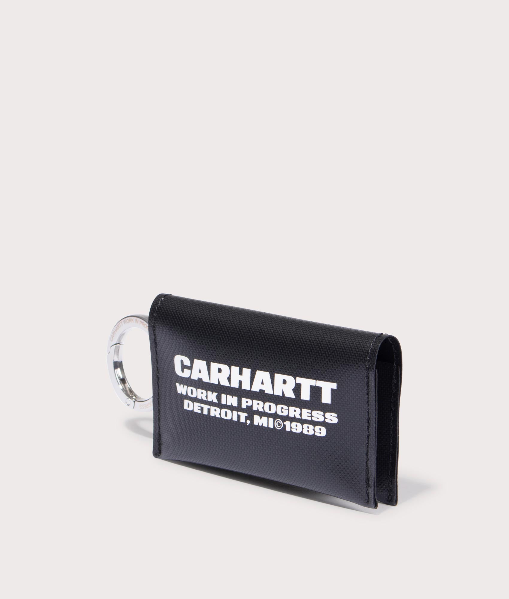 Carhartt Link Script Keychain in 0D2XX Black/White side closed shot at EQVVS